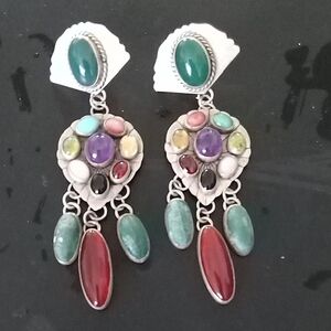 Multicolor Gemstone Dangle Earrings - Silver Tone